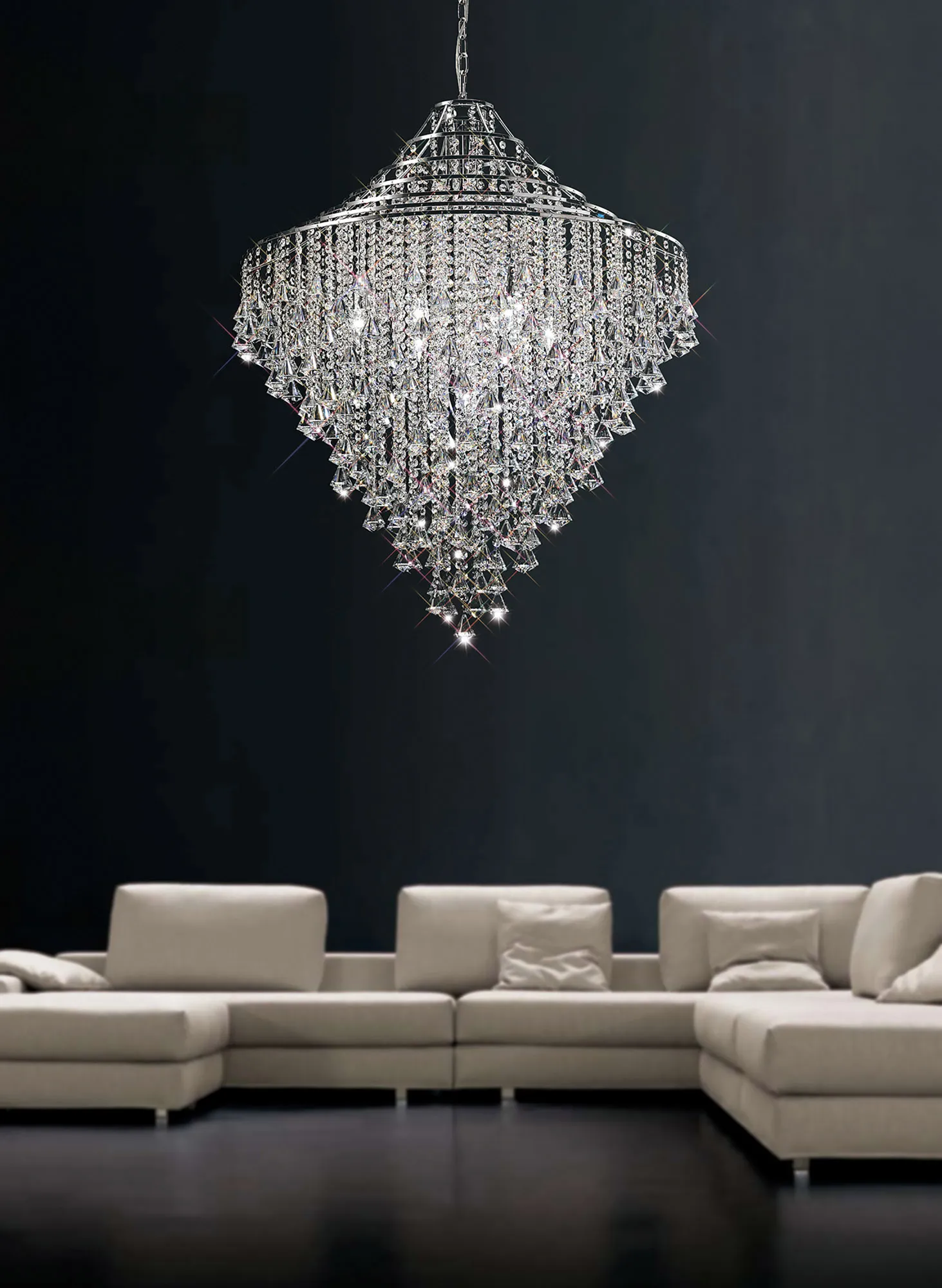 Inina Polished Chrome Crystal Ceiling Lights Diyas Statement Crystal Fittings